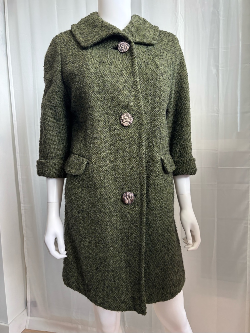 Vintage 1960s Olive Green Bouclé Wool Mod Coat Londonberry Shop